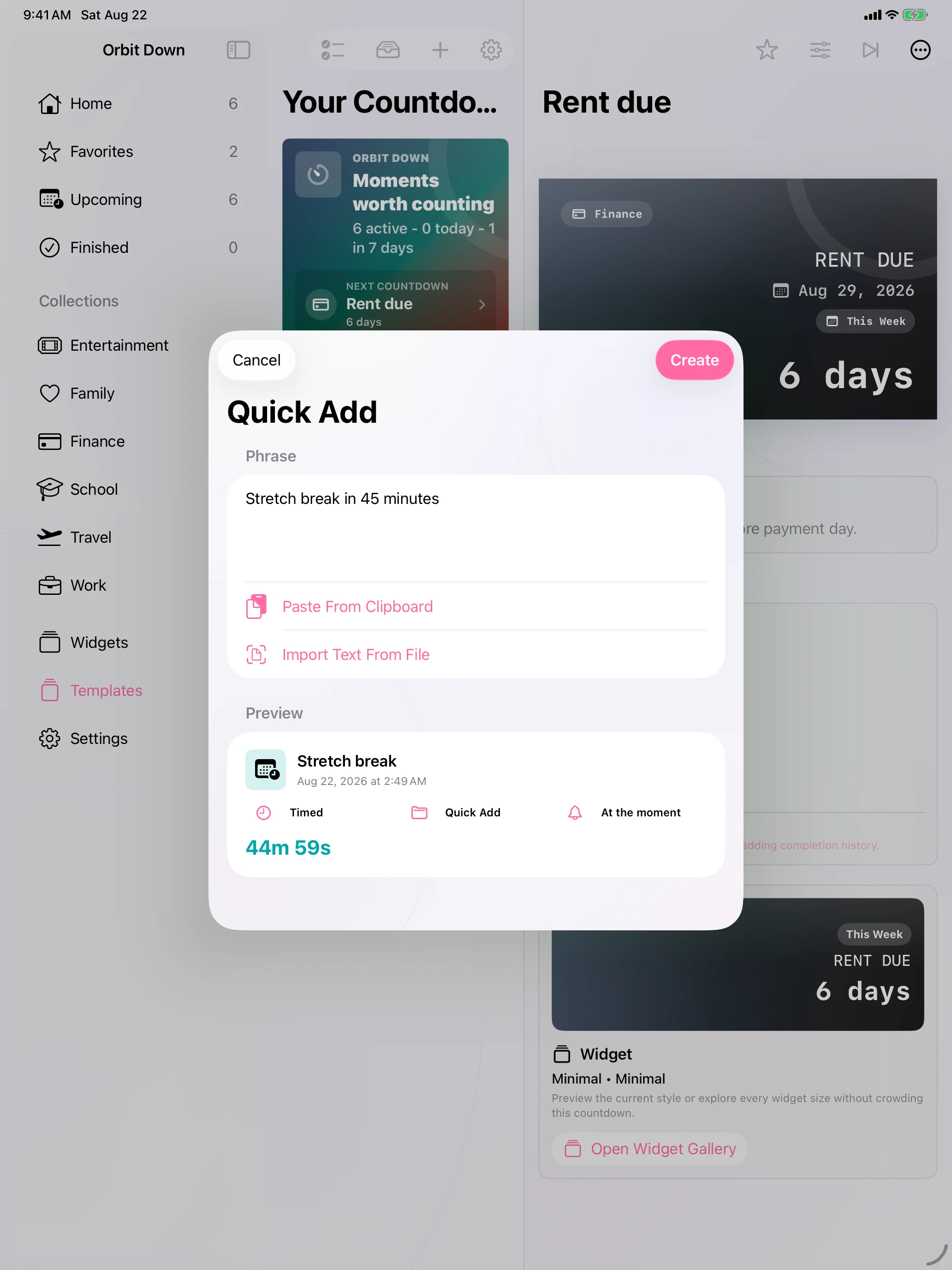 Natural-language Quick Add preview in Orbit Down on iPad
