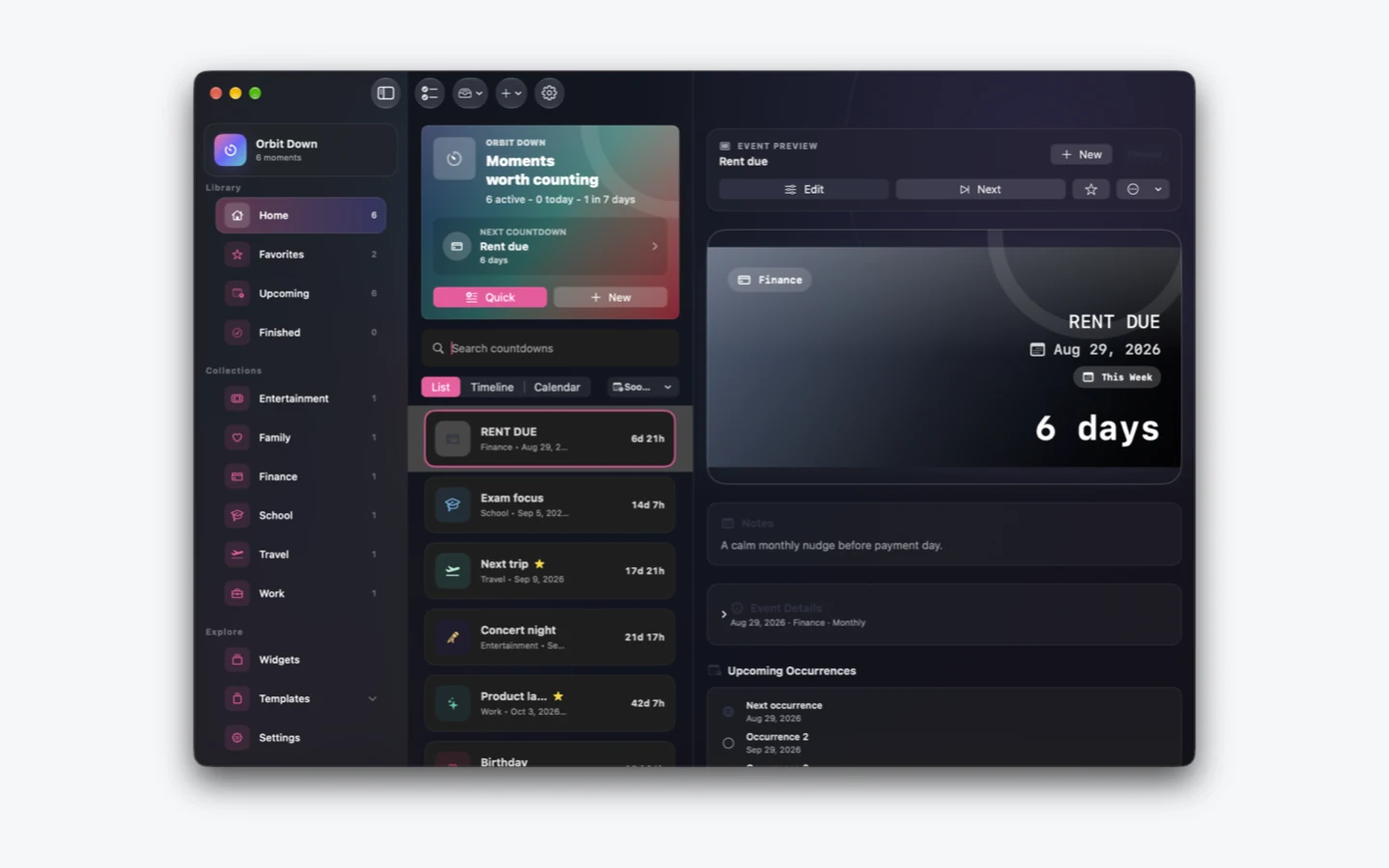 Orbit Down native Mac app showing the library and countdown detail