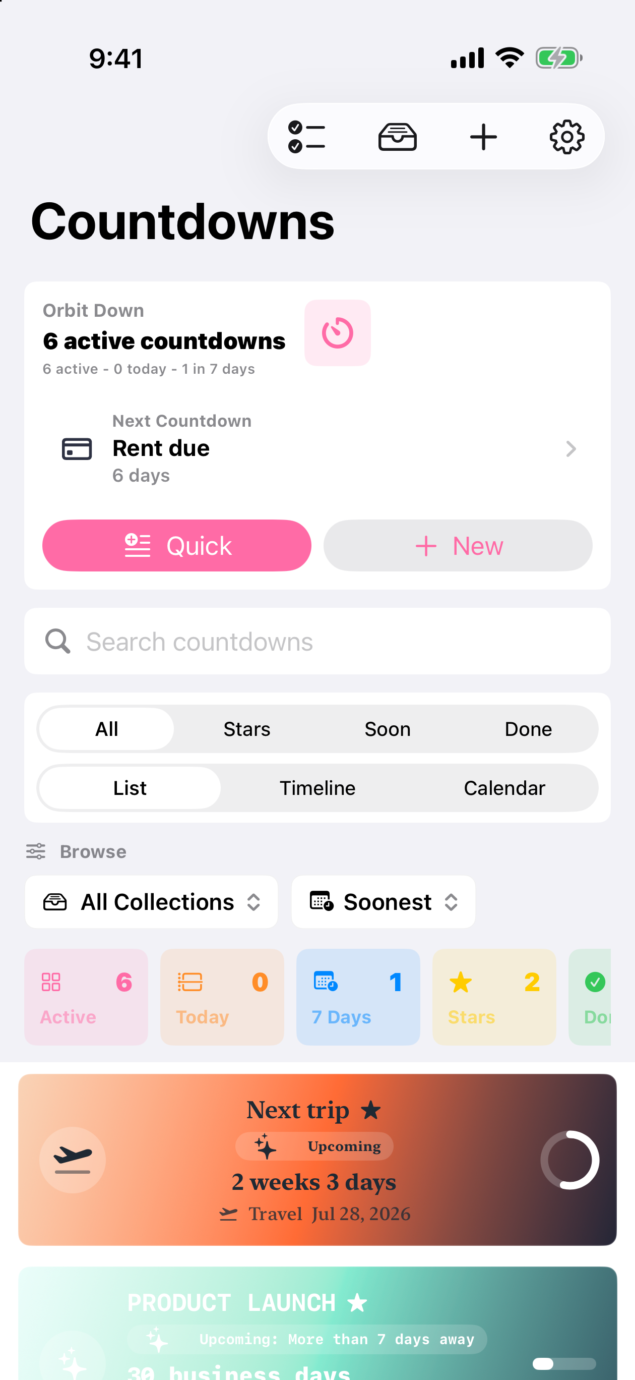 Orbit Down iPhone library showing countdowns, search, filters, and cards.